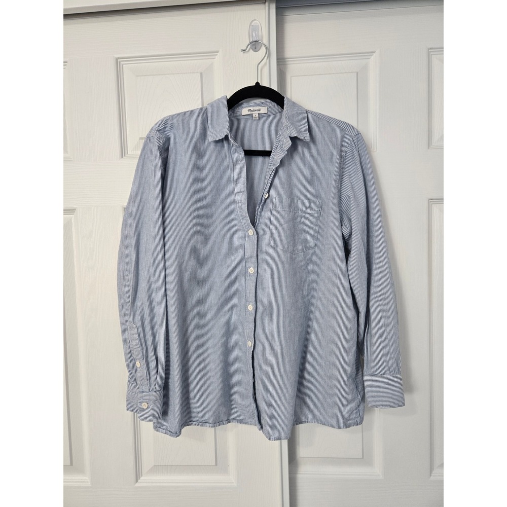 Madewell Womens Blue White Striped Cotton Linen Split Back Button Down Shirt S